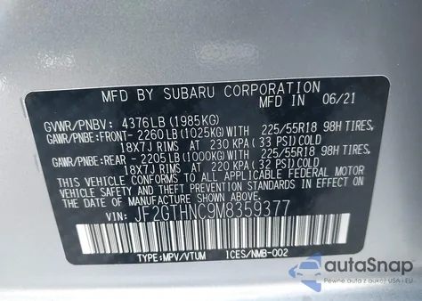 2021 Subaru Crosstrek Limited из США, поврежденный, VIN JF2GTHNC9M8359377